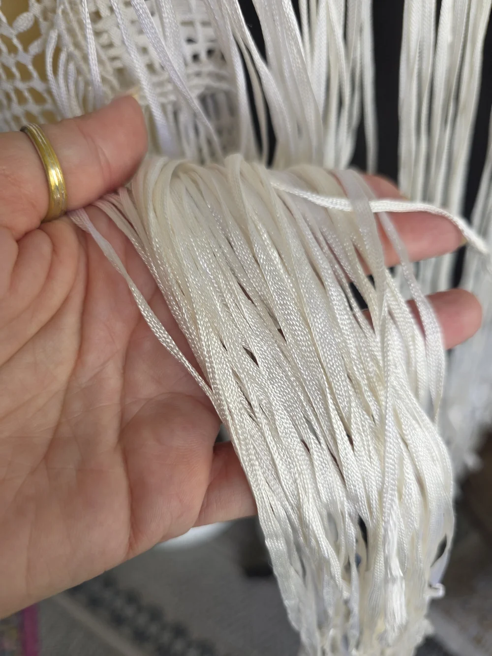 Vintage 70s Dramatic Fringe Wrap Boho Hippie Cream Shawl with White Fringe